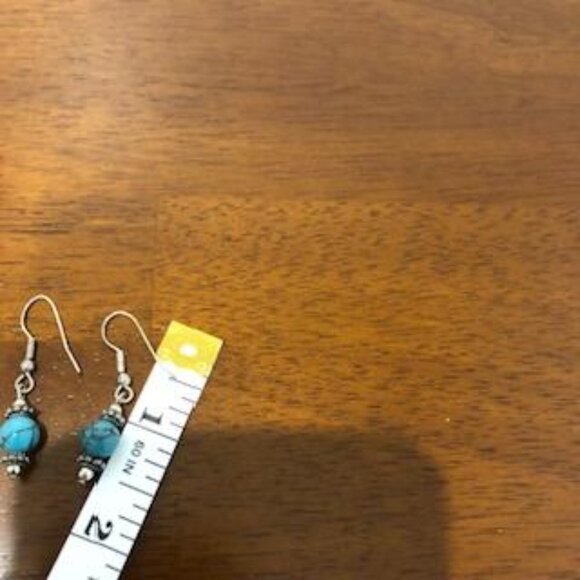 Faux Turquoise Beaded Silver Tone Petite Drop Earrings. - Picture 7 of 13